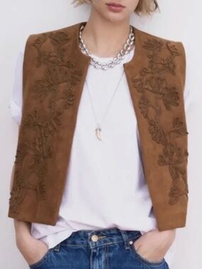ZARA Embroidered Faux Suede Dark Tan Vest Gilet Waistcoat Size M Bloggers Boho